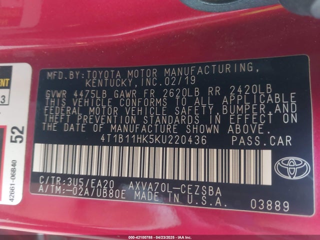4T1B11HK5KU220436 Toyota CAMRY SE