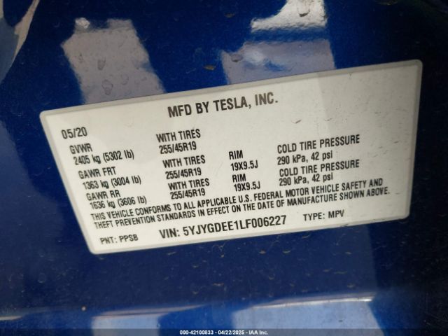 5YJYGDEE1LF006227 Tesla Model Y Long Range Dual Motor All-wheel Drive