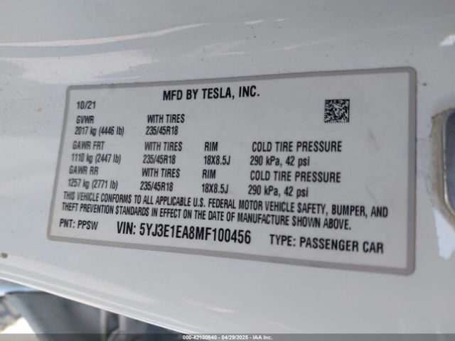 2021 TESLA MODEL 3 5YJ3E1EA8MF100456 Photo 8