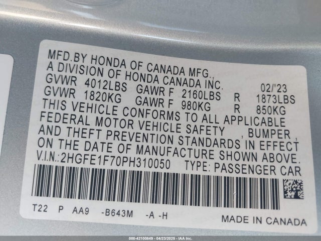 Honda Civic Ex /ex W/o Bsi 2023 2HGFE1F70PH310050 Image 9