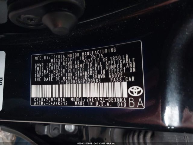 5YFBURHE5FP329583 Toyota COROLLA LE