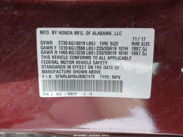 5FNRL6H94JB067479 Honda Odyssey Elite