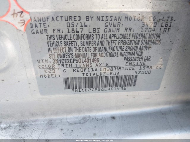 Nissan Versa Note S (sr)/s Plus/sl/sr/sv 2016 3N1CE2CP5GL401496 Image 9