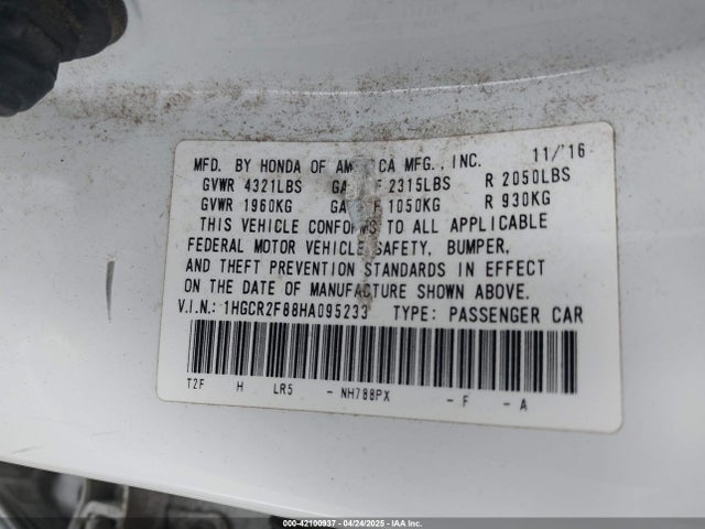 1HGCR2F88HA095233 Honda Accord Ex-l