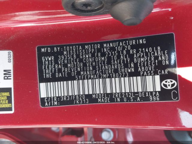 5YFEPMAE2MP180273 Toyota COROLLA LE