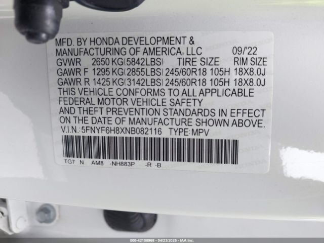 2022 HONDA PILOT 5FNYF6H8XNB082116 Photo 8