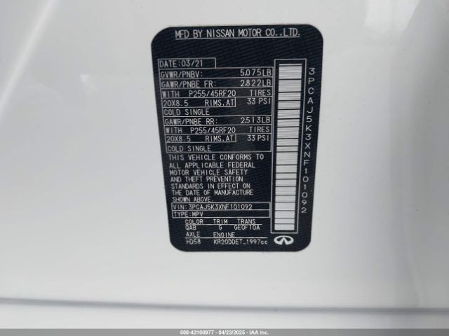 3PCAJ5K3XNF101092 Infiniti Qx55 Essential Awd