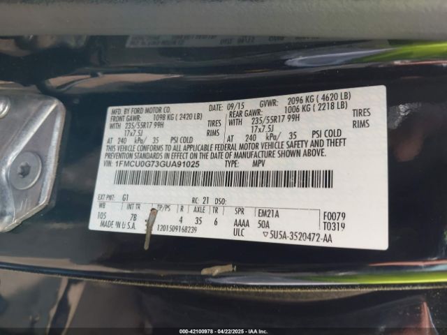 1FMCU0G73GUA91025 Ford ESCAPE SE