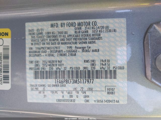 1FA6P8CF3M5117977 Ford Mustang Gt Fastback