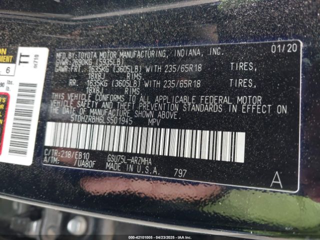 5TDHZRBH6LS501945 Toyota Highlander Xle