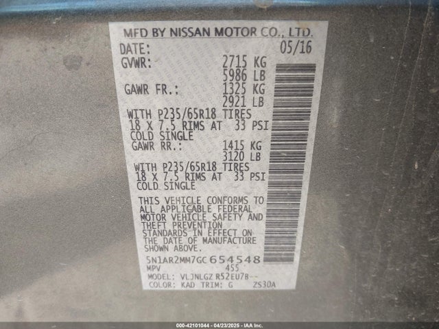 Nissan Pathfinder Sl 2016 5N1AR2MM7GC654548 Image 9