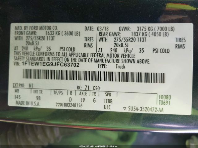 1FTEW1EG9JFC63702 Ford F-150 Platinum