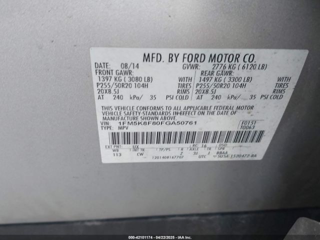 1FM5K8F80FGA50761 Ford Explorer Limited