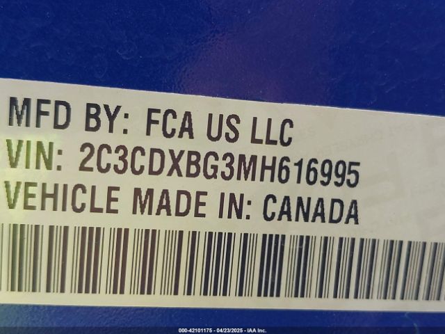 2C3CDXBG3MH616995 Dodge Charger Sxt Rwd