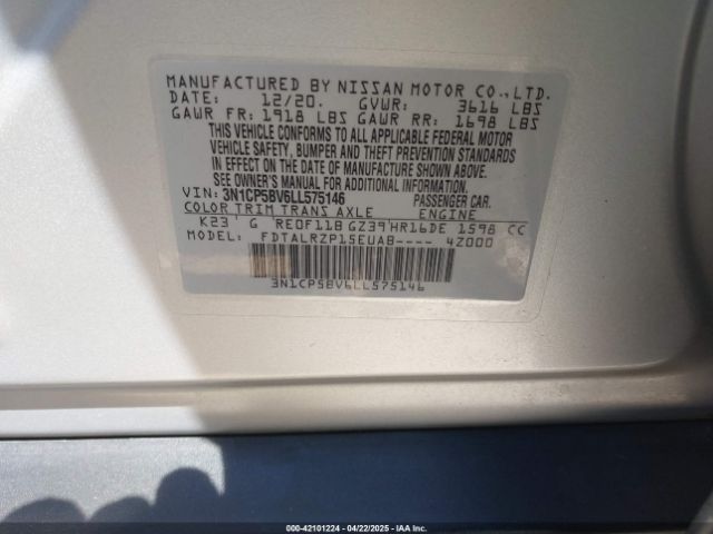 3N1CP5BV6LL575146 Nissan Kicks S Xtronic Cvt