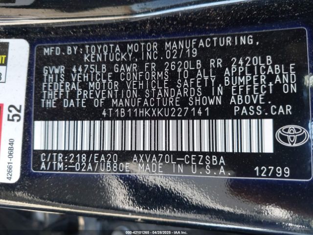 4T1B11HKXKU227141 Toyota CAMRY SE