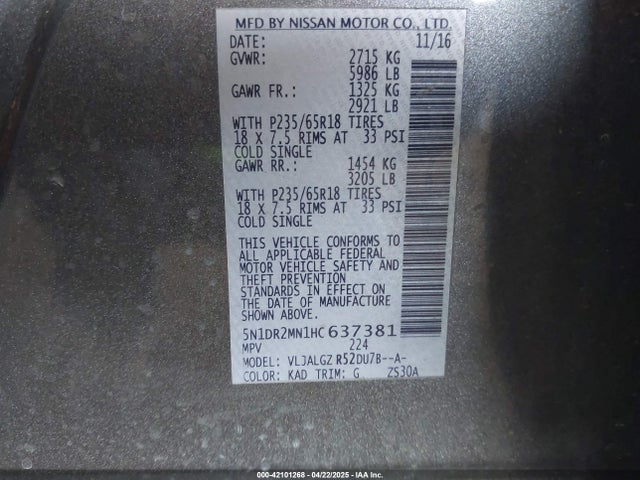 5N1DR2MN1HC637381 Nissan Pathfinder Sl