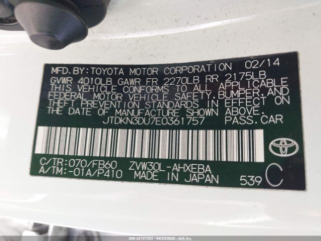 JTDKN3DU7E0361757 Toyota Prius Three