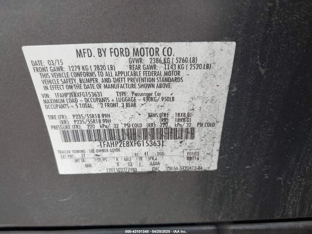 Ford TAURUS SEL 2015 1FAHP2E8XFG153631 Image 9
