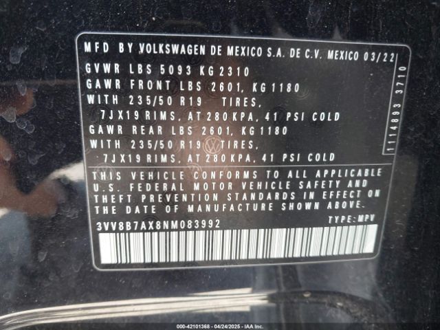 3VV8B7AX8NM083992 Volkswagen Tiguan 2.0t Se R-line Black