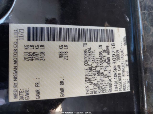 1N4BL4DW5NN309758 Nissan Altima Sv Intelligent Awd