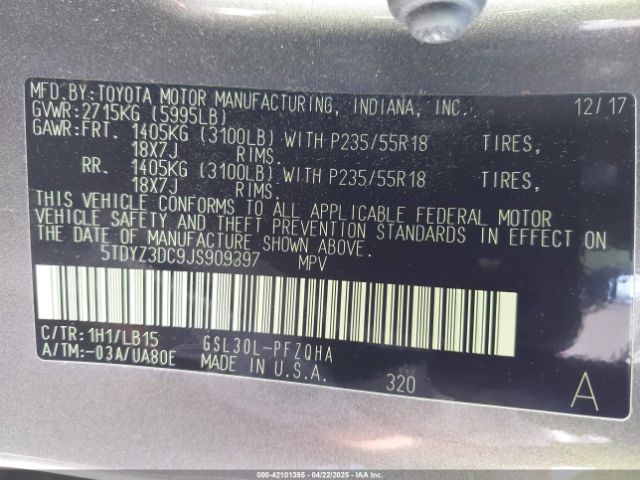 5TDYZ3DC9JS909397 Toyota Sienna Limited 7 Passenger