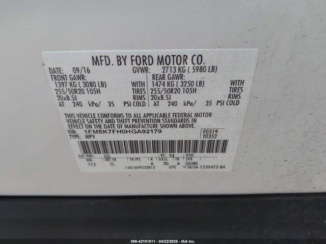 1FM5K7FH0HGA92179 Ford Explorer Limited