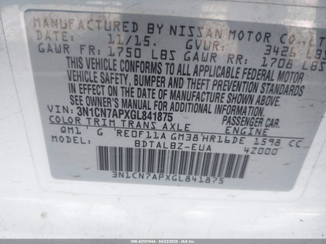 3N1CN7APXGL841875 Nissan Versa 1.6 S/1.6 S+/1.6 Sl/1.6 Sv