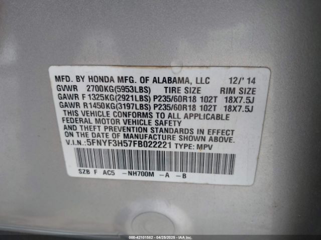5FNYF3H57FB022221 Honda Pilot Ex-l