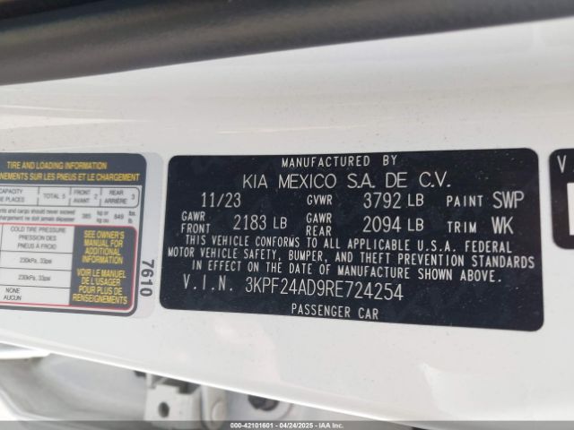 3KPF24AD9RE724254 KIA Forte Lxs