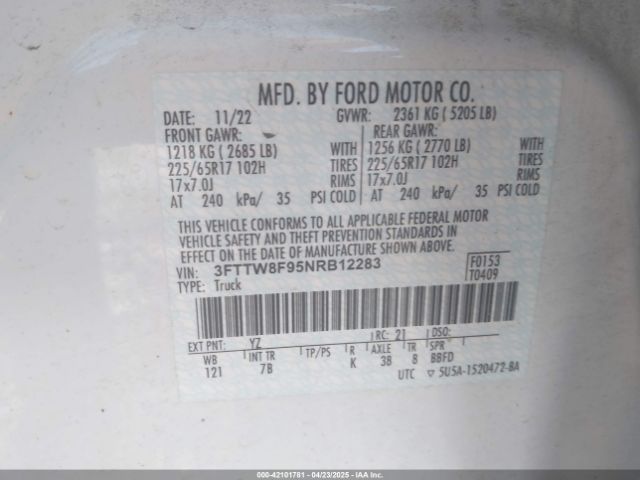 3FTTW8F95NRB12283 Ford Maverick Xlt