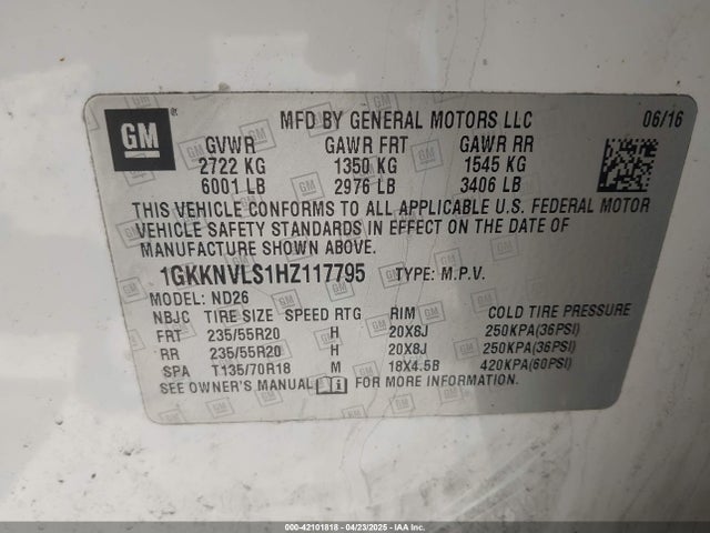 1GKKNVLS1HZ117795 GMC Acadia Slt-1