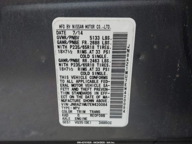 JN8AZ1MU7EW420084 Nissan MURANO SL