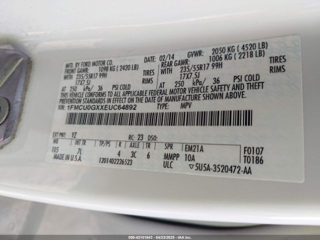 1FMCU0GXXEUC64892 Ford ESCAPE SE