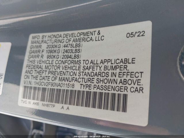 1HGCV2F90NA011518 Honda Accord Touring