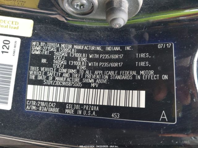 5TDYZ3DC9HS875505 Toyota Sienna Xle 8 Passenger