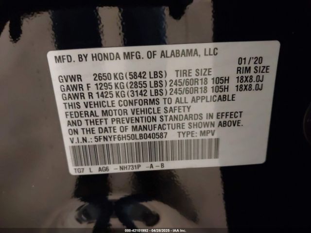 5FNYF6H50LB040587 Honda Pilot Awd Ex-l