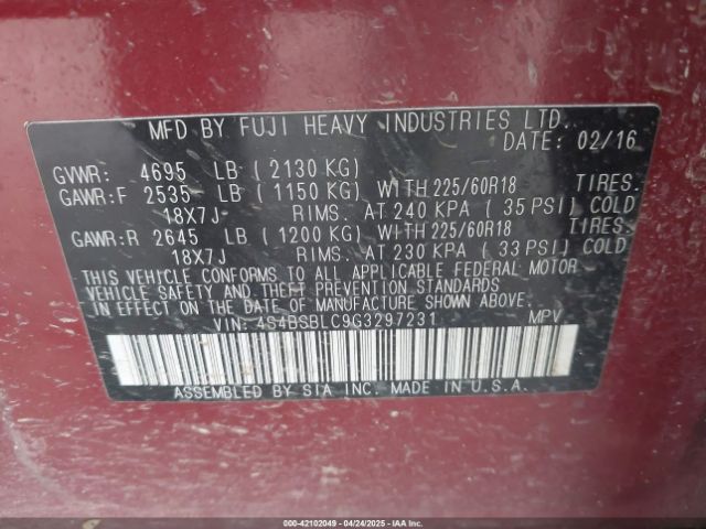 4S4BSBLC9G3297231 Subaru Outback 2.5i Limited