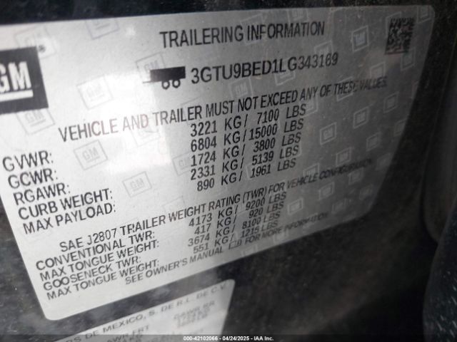 3GTU9BED1LG343169 GMC Sierra 1500 4wd  Short Box Sle