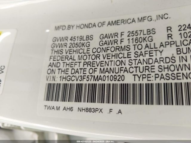 1HGCV3F57MA010920 Honda Accord Hybrid Ex-l