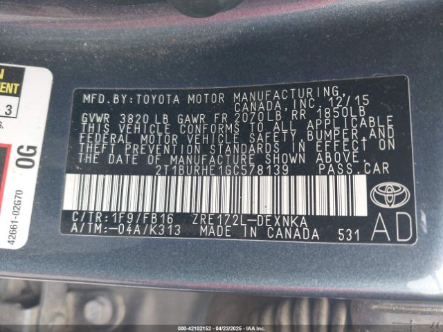 2T1BURHE1GC578139 Toyota 2zr-fe