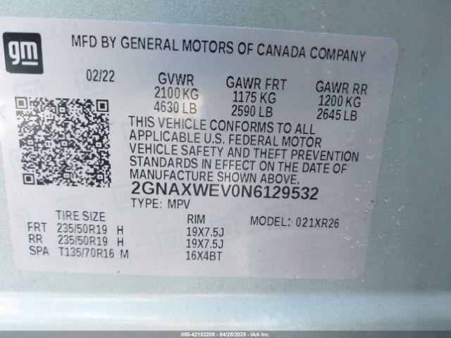 2GNAXWEV0N6129532 Chevrolet Equinox Awd Rs