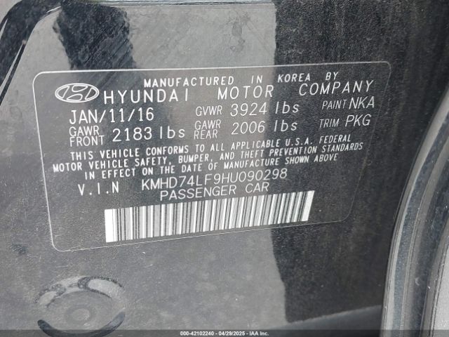 KMHD74LF9HU090298 Hyundai ELANTRA SE