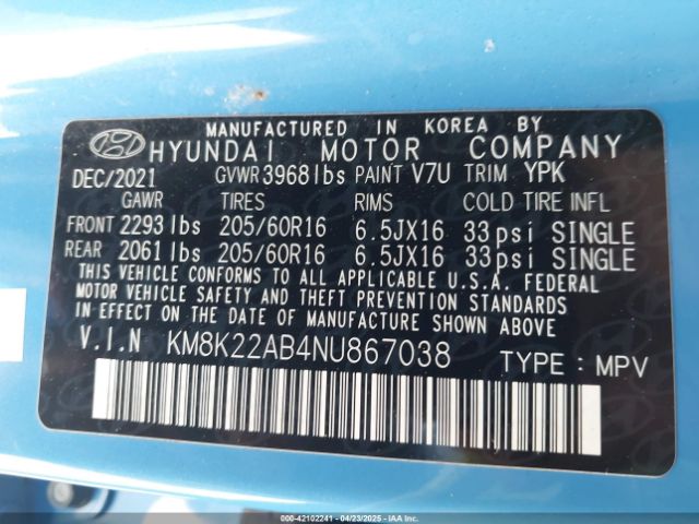 KM8K22AB4NU867038 Hyundai Kona Se