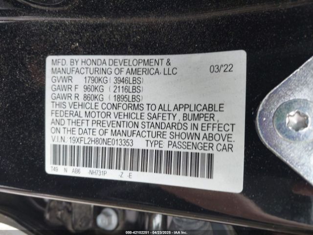 19XFL2H80NE013353 Honda Civic Sport