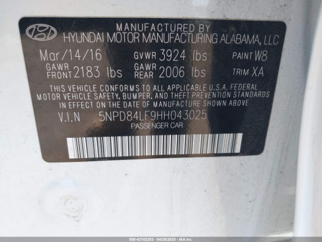 5NPD84LF9HH043025 Hyundai ELANTRA SE