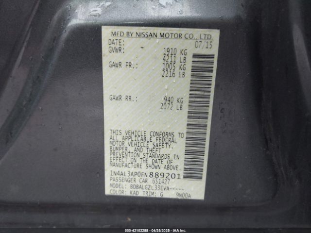 1N4AL3AP0FN889201 Nissan Altima 2.5/2.5 S/2.5 Sl/2.5 Sv