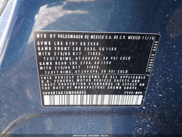 3VV3B7AX1KM056655 Volkswagen Tiguan 2.0t Se/2.0t Sel/2.0t Sel R-line/2.0t Sel R-line Black