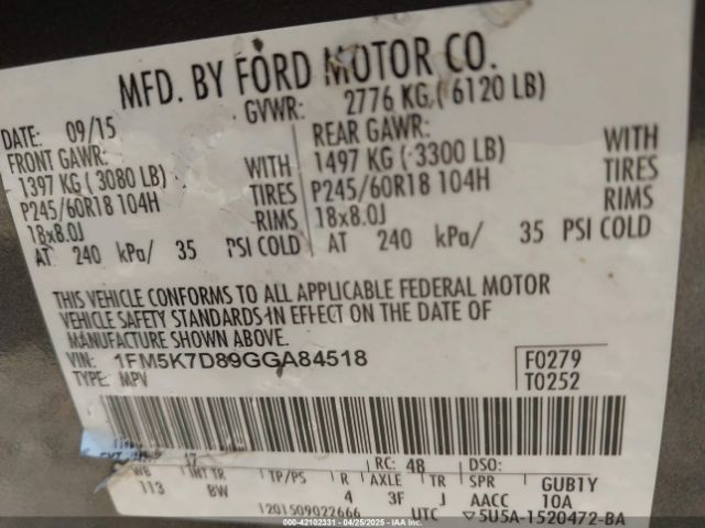 1FM5K7D89GGA84518 Ford EXPLORER XLT