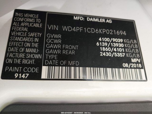 WD4PF1CD6KP021694 Mercedes-Benz Sprinter 2500 High Roof V6